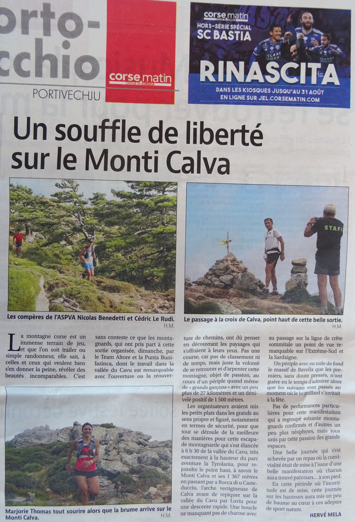 L'article Corse Matin du 23/07/2020 sur le Trail du Cavu
